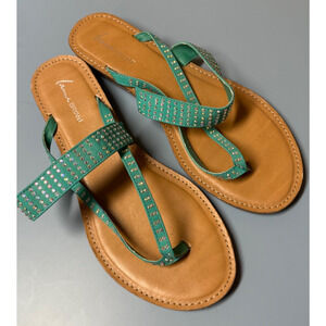 Lane Bryant Womens Sz 11W Rhinestone Teal Strap Sandals Slippers Flats Shoes